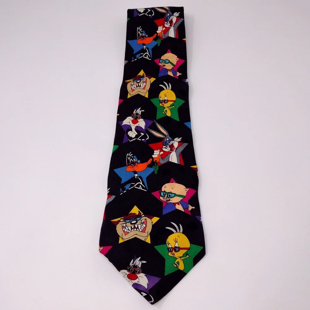 Vintage 1994 Looney Tunes Mania Silk Tie Bugs Bunny Daffy Duck Taz‎ Black Mens